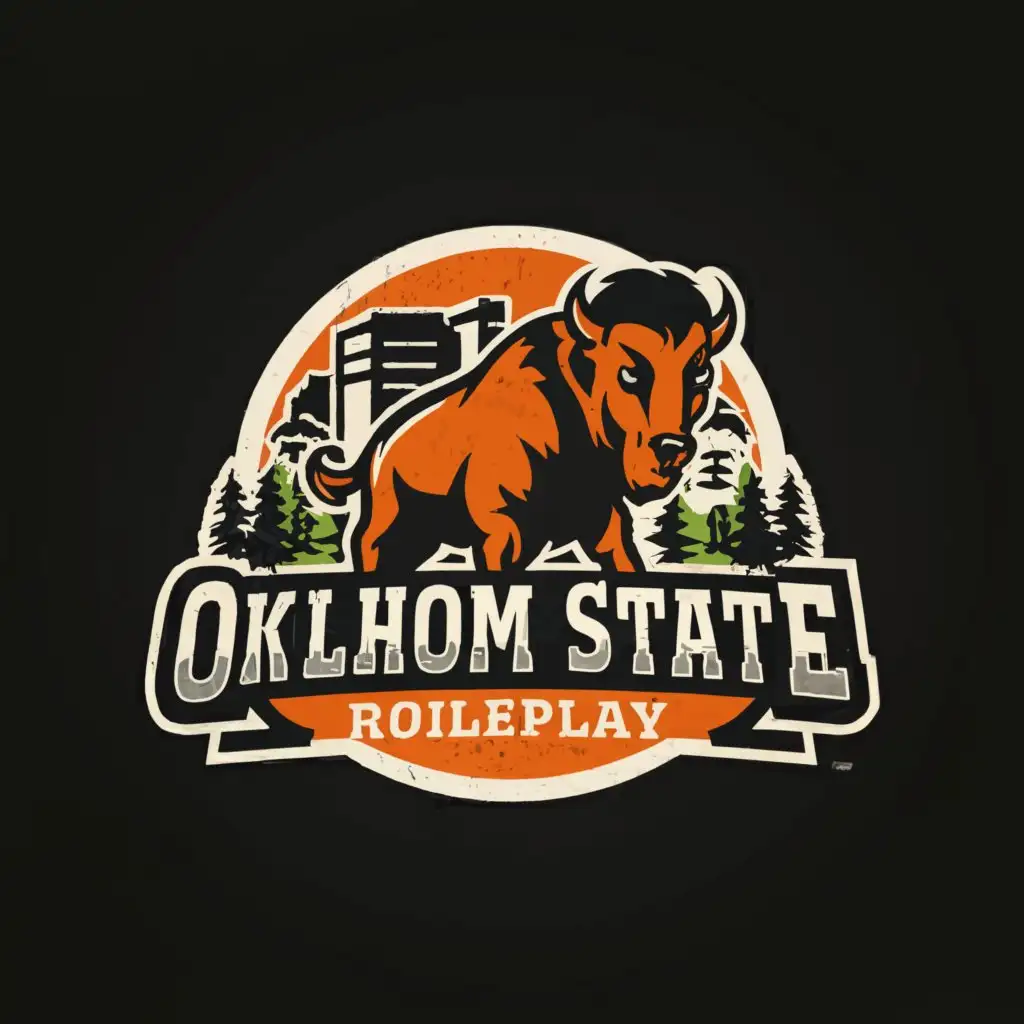 a logo design,with the text "Oklahoma state Roleplay", main symbol:bison, Buildings, Trees,Moderate,clear background