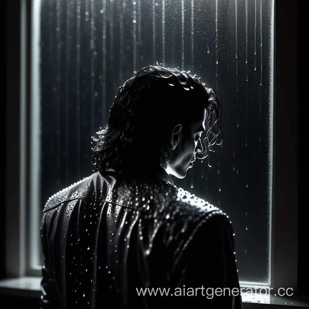 Generate a photorealistic image of Michael Jackson viewed from the back in a dark empty room, can't see his face. Include raindrops on the window glass to evoke sadness. Ensure a dark background for the overall mood. Focus on beauty and aesthetics,