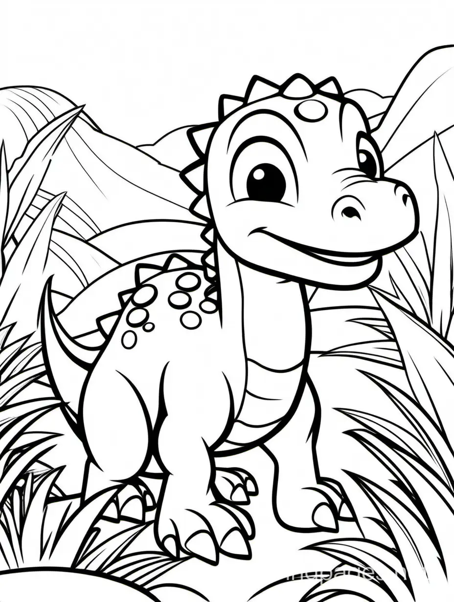 Baby dinosaur, Coloring Page, black and white, line art, white background, Simplicity, Ample White Space. The background of the coloring page is plain white to make it easy for kids to color within the lines. The outlines of all the subjects are easy to distinguish, making it simple for kids and adults to color without too much difficulty, Coloring Page, black and white, line art, white background, Simplicity, Ample White Space. The background of the coloring page is plain white to make it easy for young children to color within the lines. The outlines of all the subjects are easy to distinguish, making it simple for kids to color without too much difficulty
