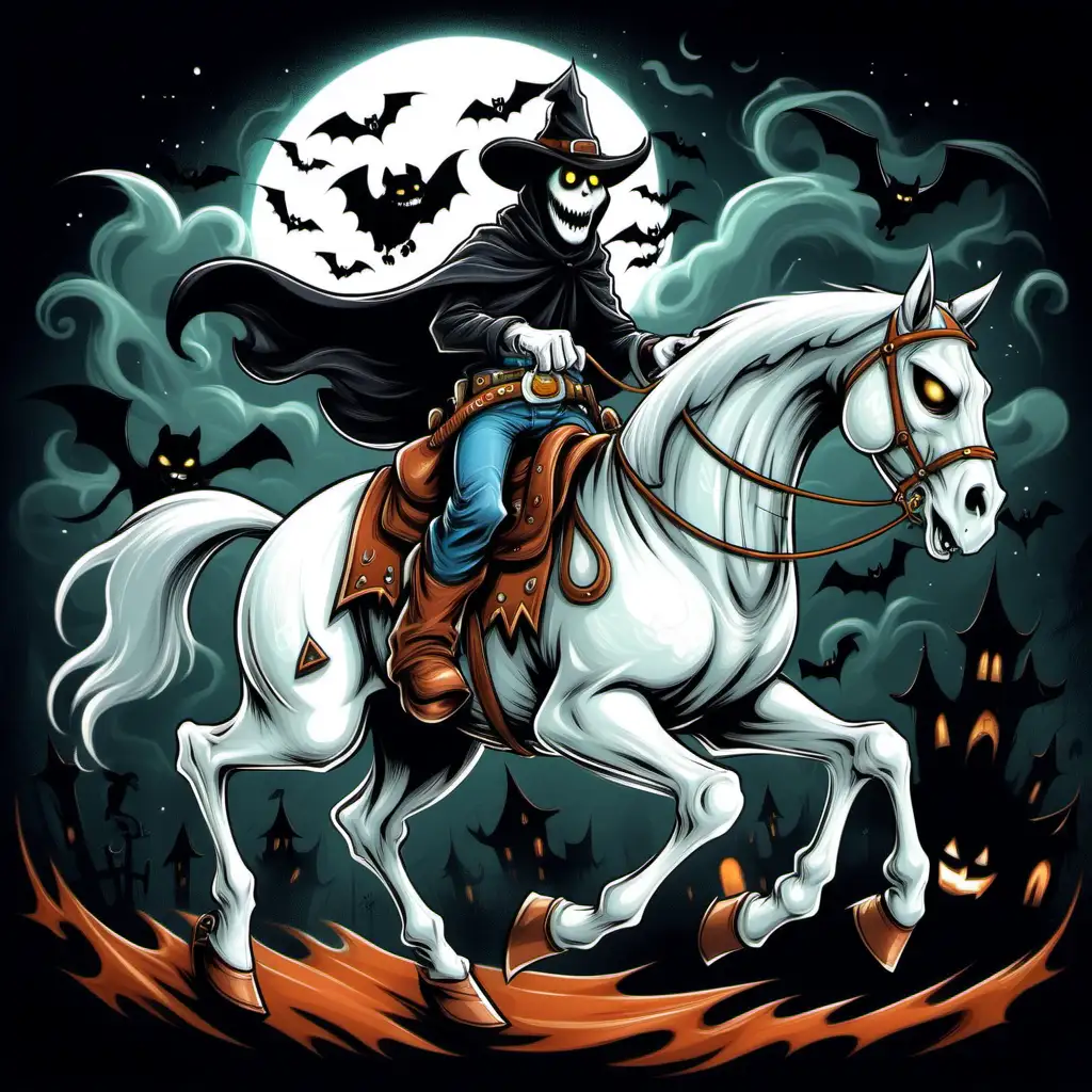 Spooky Cowboy Ghost Riding a Strong Horse with a Scary Cat Halloween Cartoon Illustration