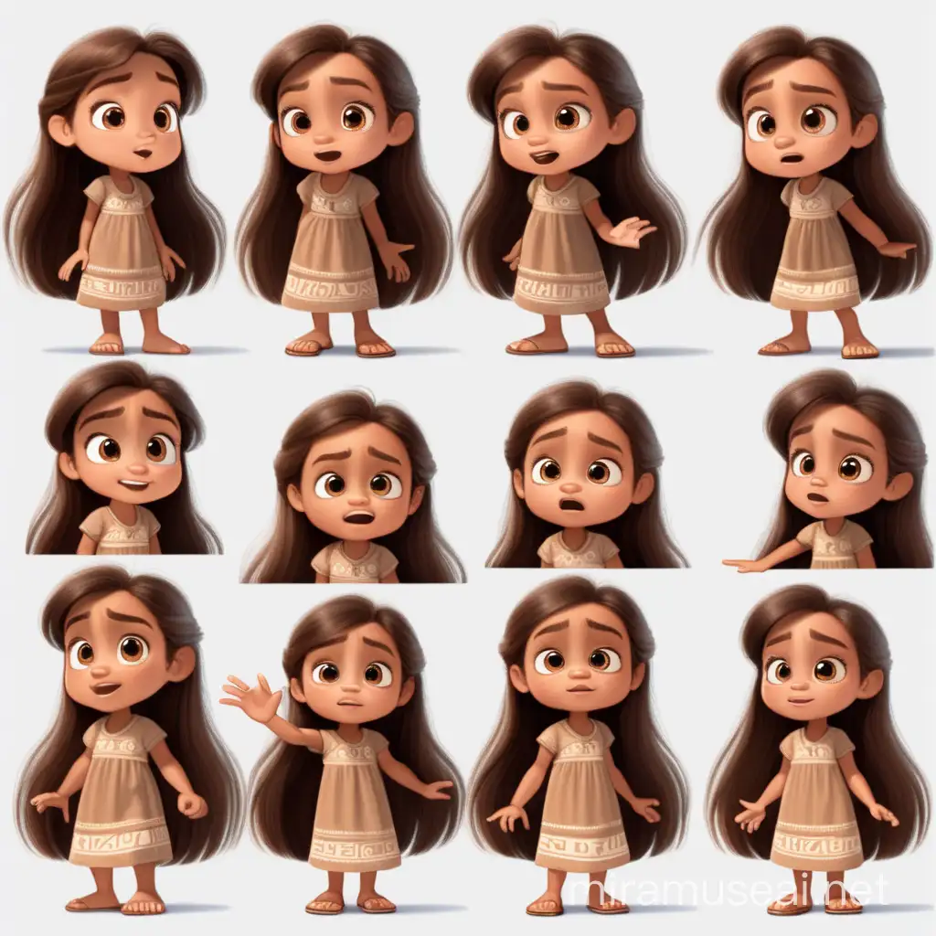  4 year old polynesian girl, long brown hair, light brown eyes, plain brown dress, pixar style, cartoon characters, Multiple expressions. Multiple poses, Character sheet, full body