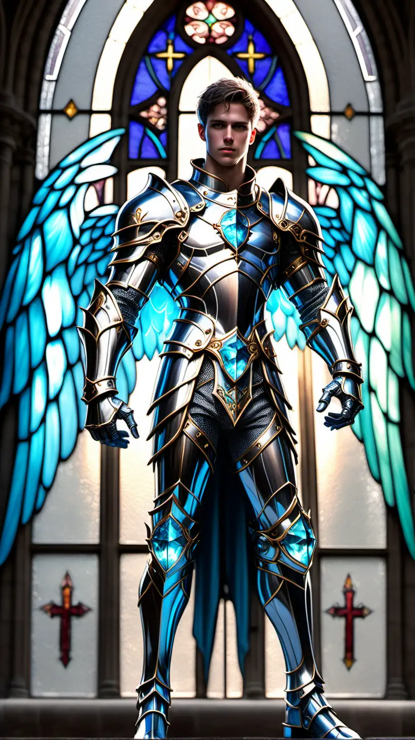 full body image shirtless handsome male knight short hair stubbles glowing aquamarine eyes blue crystals silver bracelets leg armor wings church rose stained glass aura