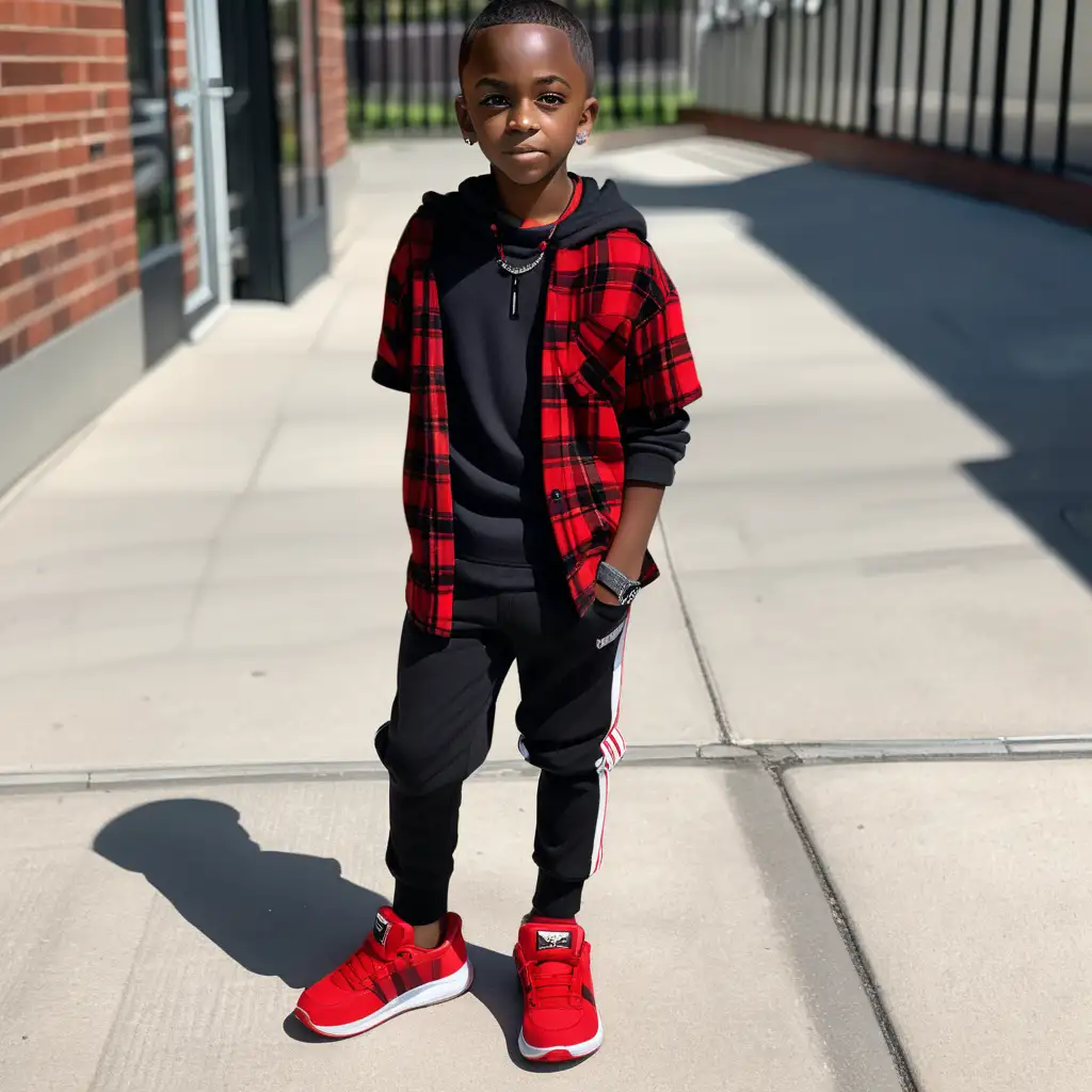 Dark skin 12 year old boy, black boy, very short hair cut, red and black plaid shirt, black sweat pants with red and black sneakers 