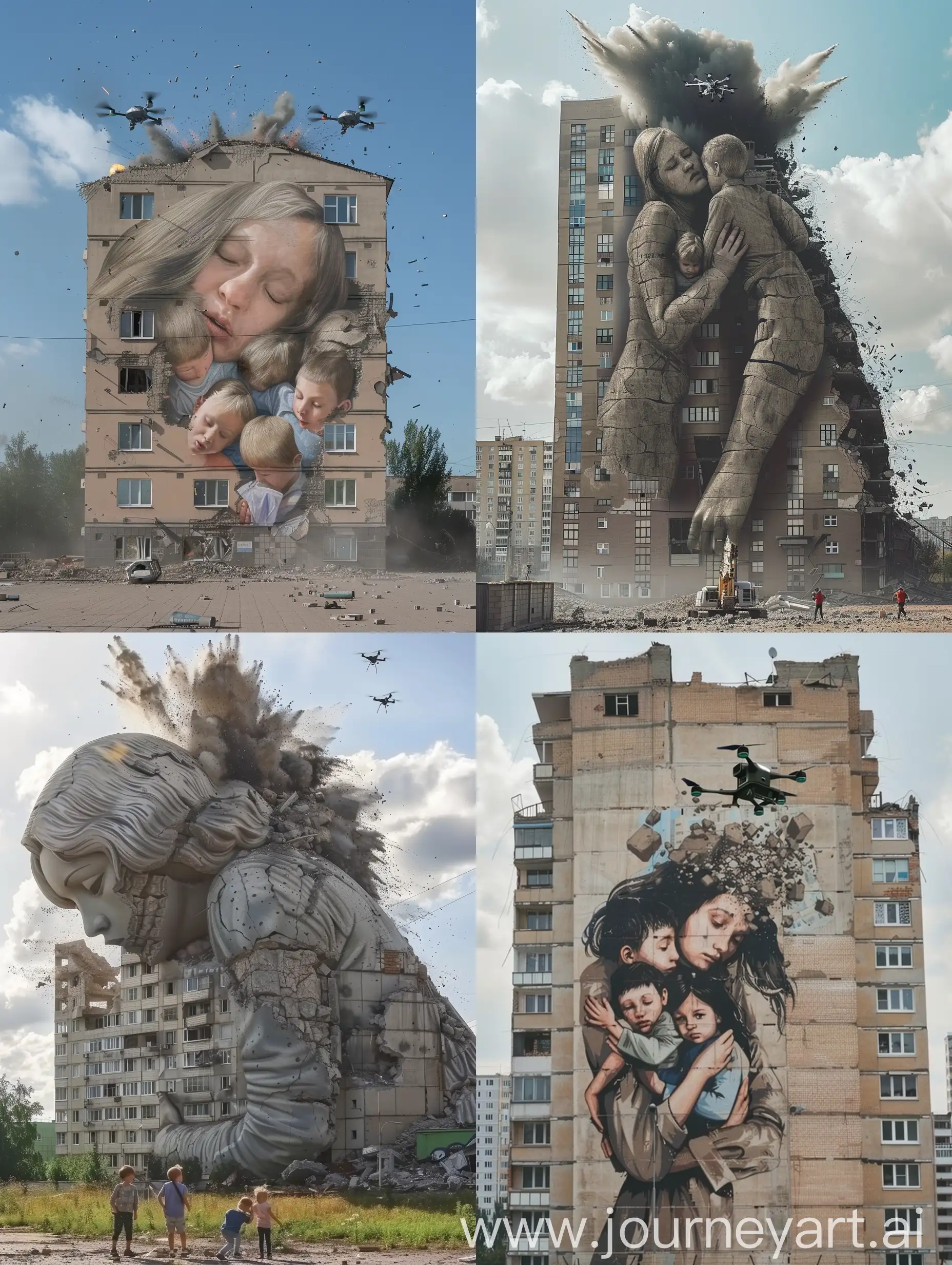 Многоквартирное здание в  Украине, которое выглядит как женщина склонилась над тремя детьми, защищая их собой, но при этом разрушается от взрывного удара ей в спину российским дроном 