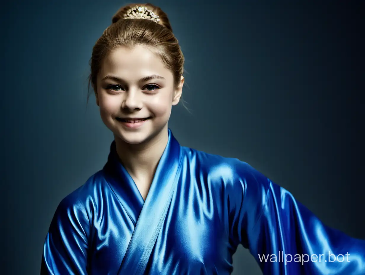 Yulia Lipnitskaya in a blue silk robe smiles