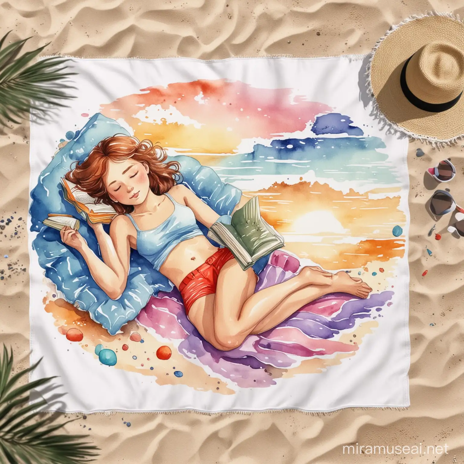 Girl sleeping on the beach on beach towel and reading book in watercolor paint sticker