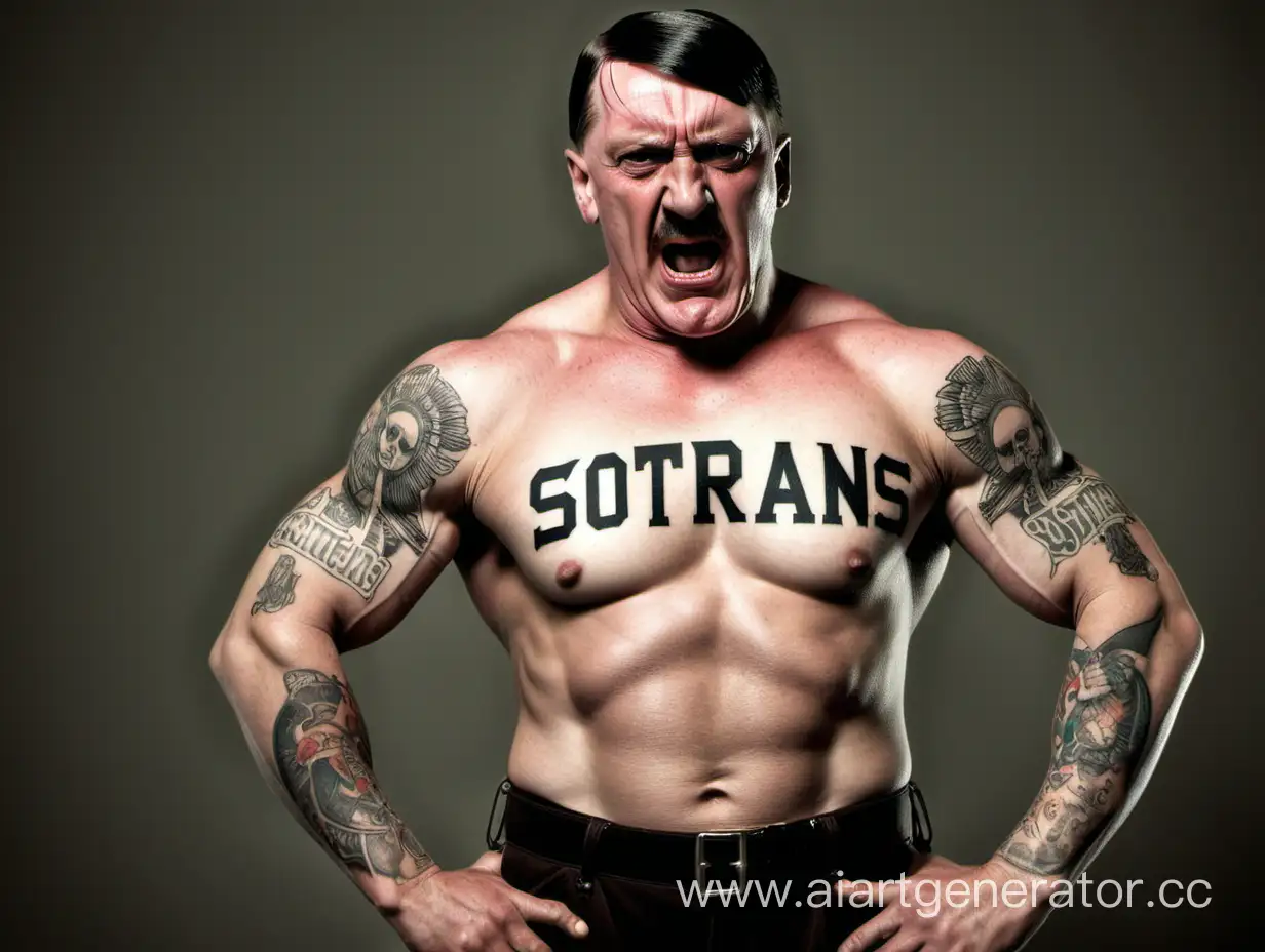 Злой культурист Гитлер с татуировкой "SOTRANS"