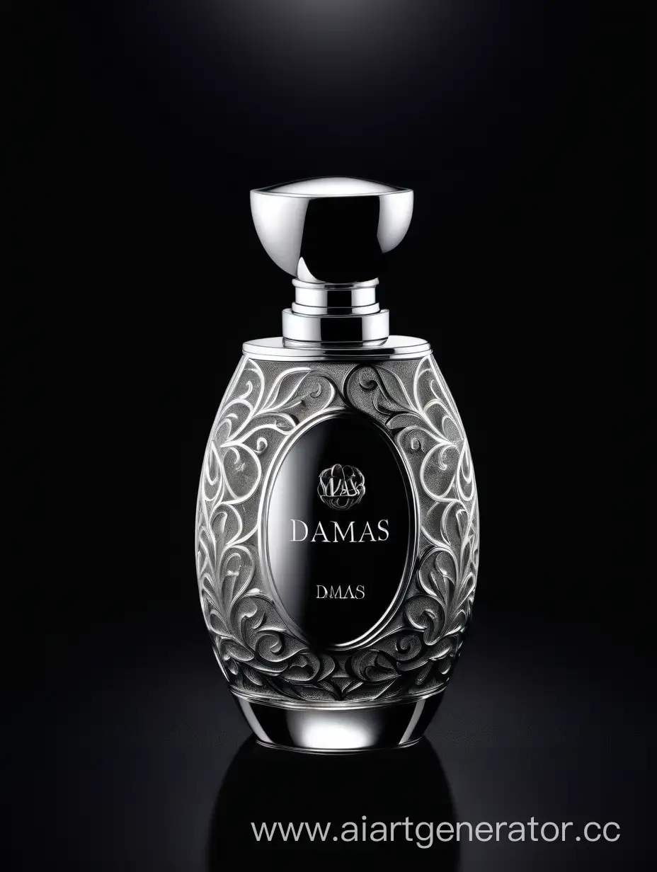 A luxurious (((silver and dark matt black perfume))), crafted with intricate 3D details reflecting light around a ((black background)), with a elegant ((Damas text logo))