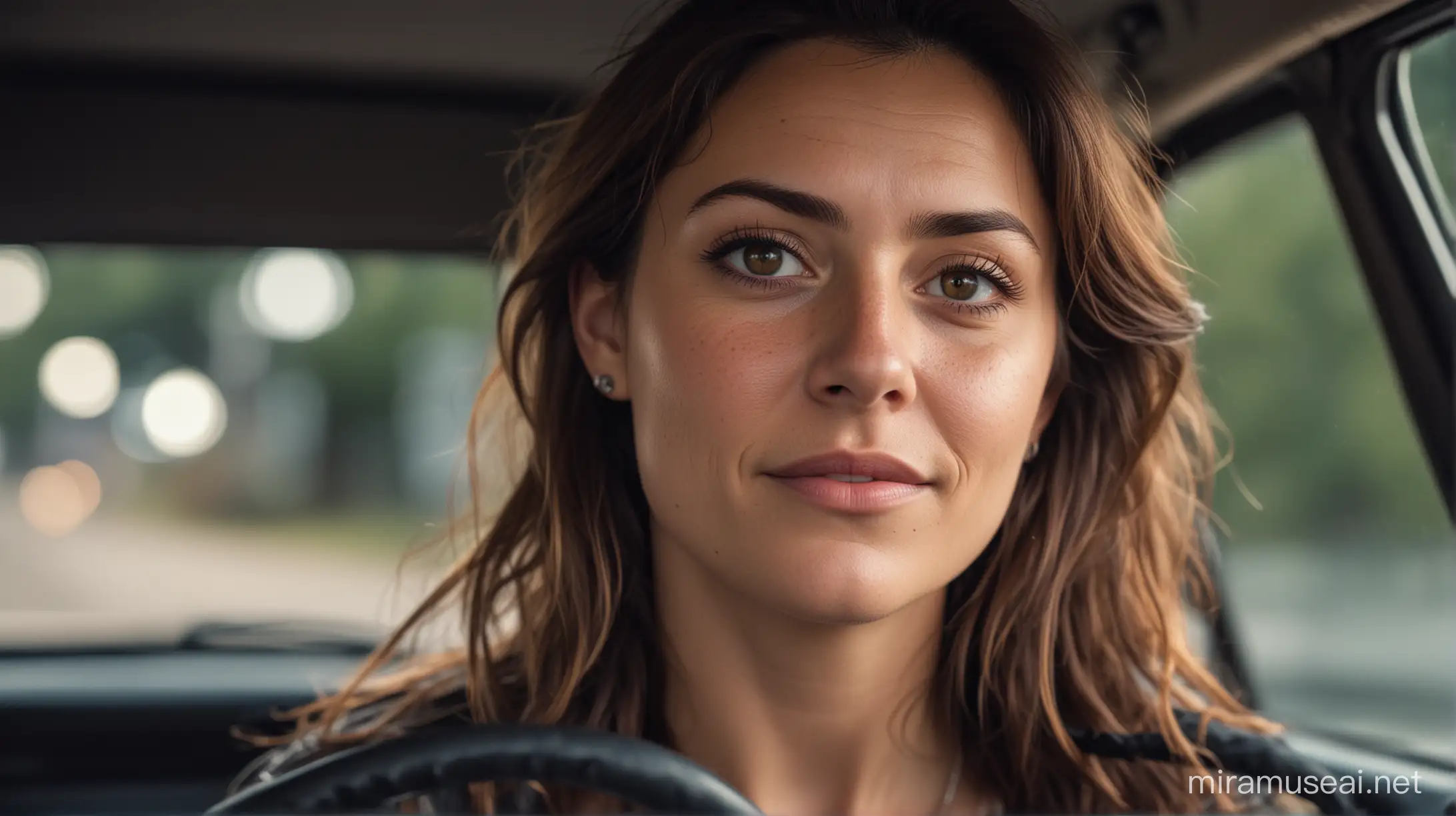 Emotional, harmonious, vignette, highly detailed, bokeh, moody, epic, film grain, grainy, female, 44 yo, hazel eyes, light skin with freckles, dark brown long wavy hair, casual chic clothing, small scar above right eyebrow, pendant necklace, determined yet approachable expression, driving a car, dynamic pose,16:9 ratio, centered, depth of field, 55mm, atmospheric lighting, dynamic camera angle, high contrast, close up