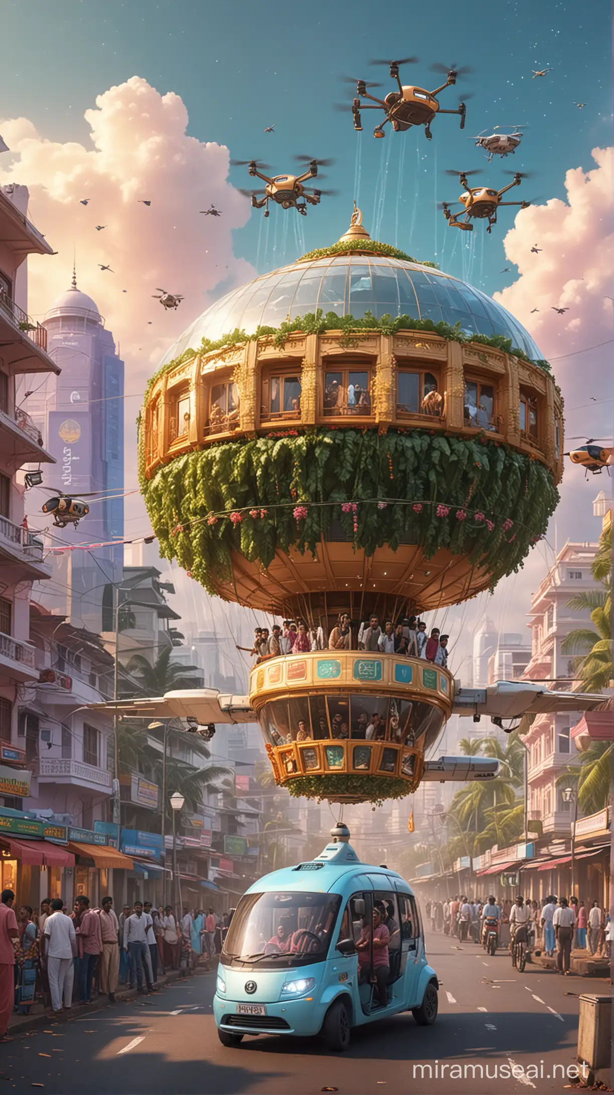 an illustration of a futuristic food pod with kerala building behind and autorikshaw drivers and autos infront with drones delivering food and pooja people in the sky in an hoverboard and holograms in the sky