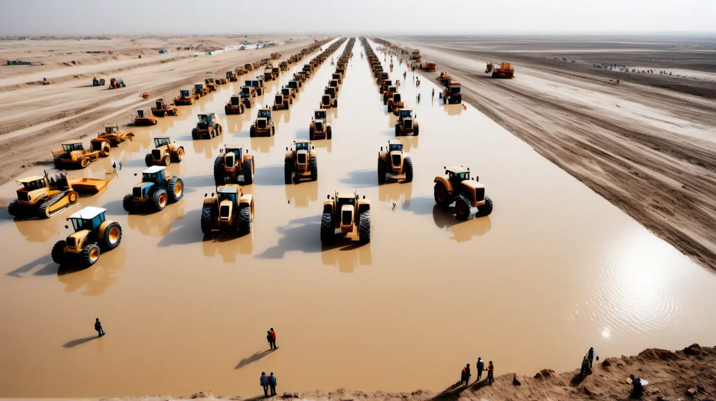 mega construction with many construction tractors, and people in a very very vast huge soily place, with water in bare land in desert