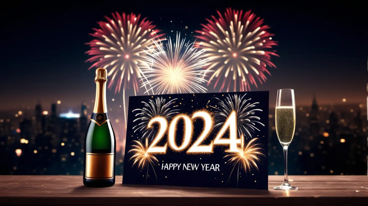 Generate a card for New Year's Eve and New Year 2024 with a background of fireworks, and in the background should be Bottle of champagne and two glasses. Realistic, cinematic shot 