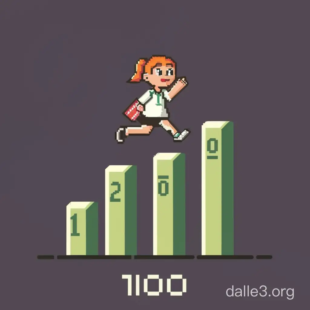 create a picture in pixel art style where a female student tries to jump into the green column with the 100 number written on the column