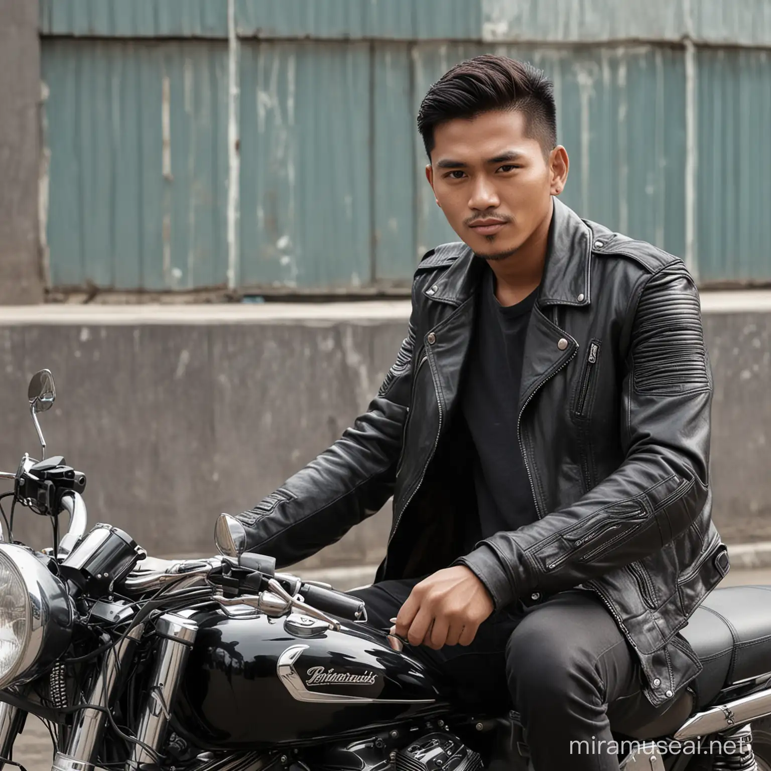 A photo 25 years old indonesian men with leather jacket sit in motorcycle
