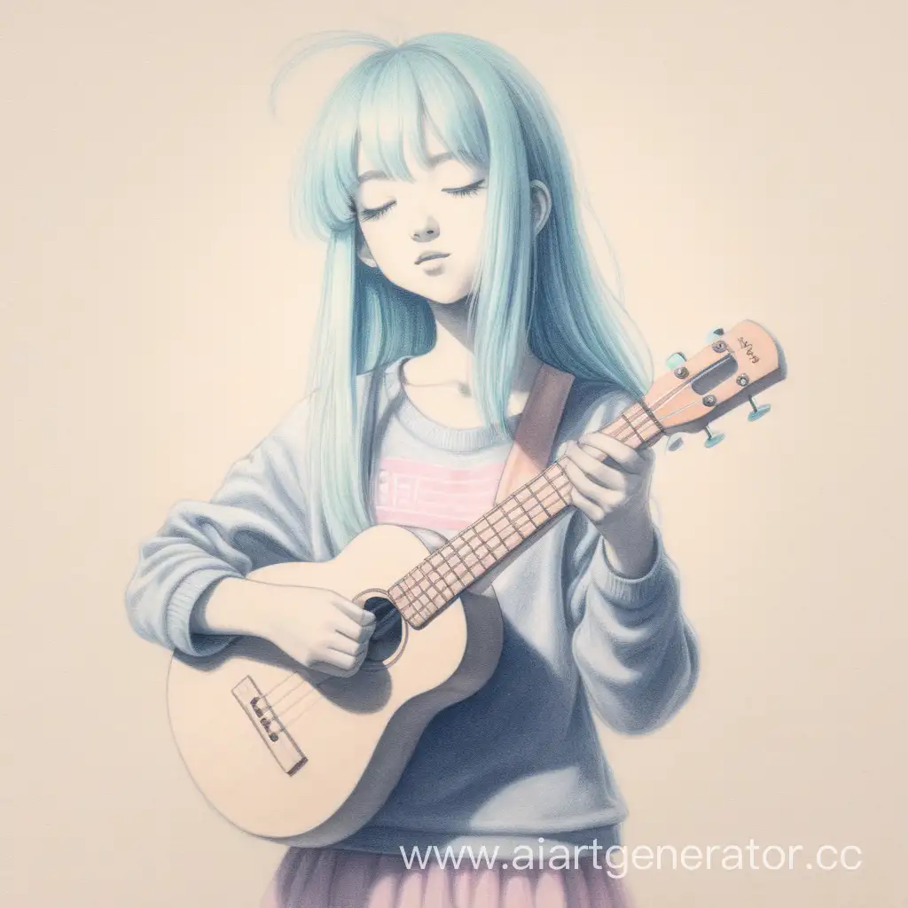 Минималистичный рисунок аниме девушки пастельными мелками, играющей на укулеле