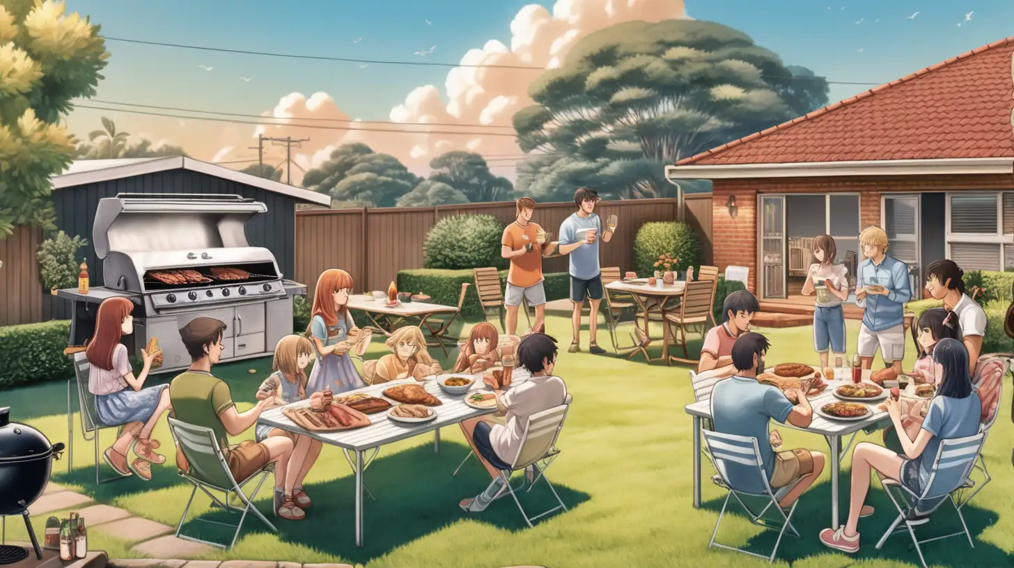 A landscape view of an Australian backyard with friends and family enjoying a barbeque meal in an anime style
