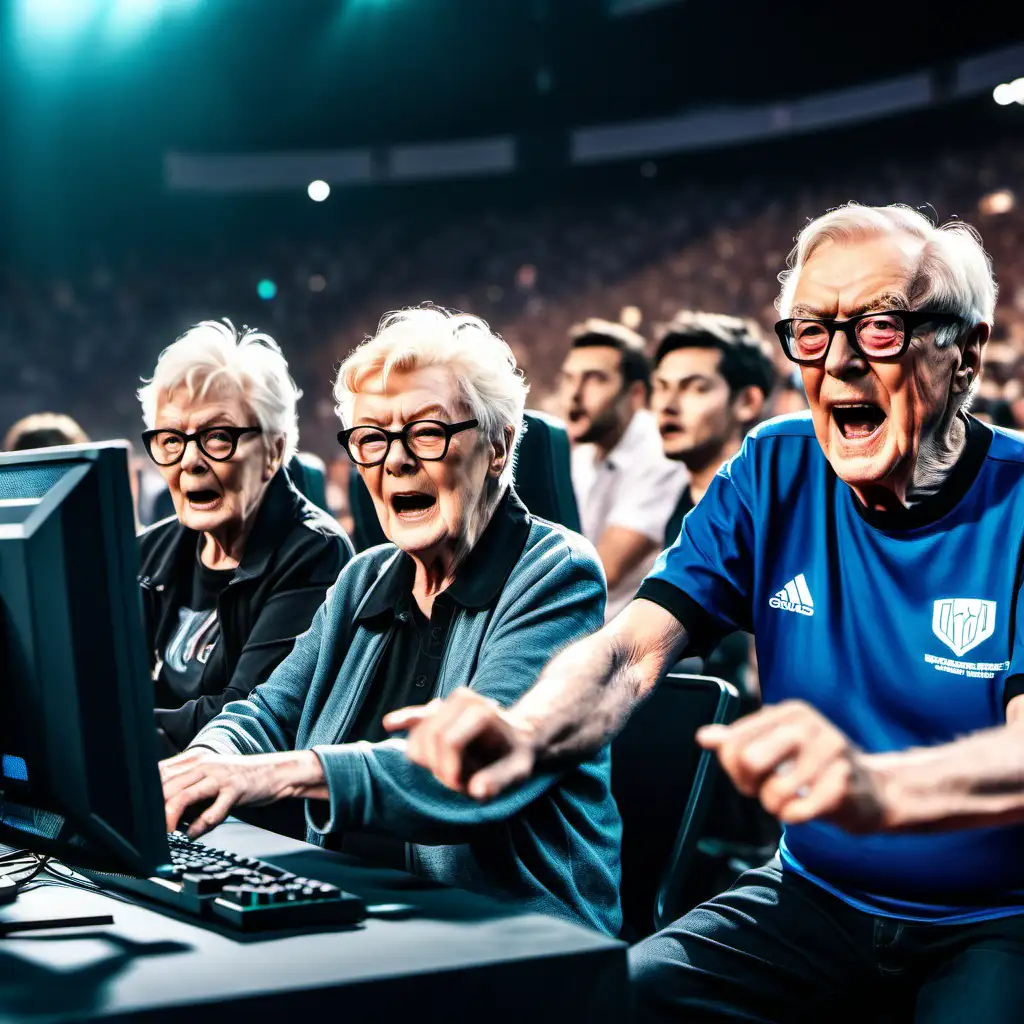 3 elderly people playing a video game at a computer,  They are on a esports stage in a stadium. The crowd go wild in the back ground One male like Michael Caine, Another male like brian cox and a female like judy dench