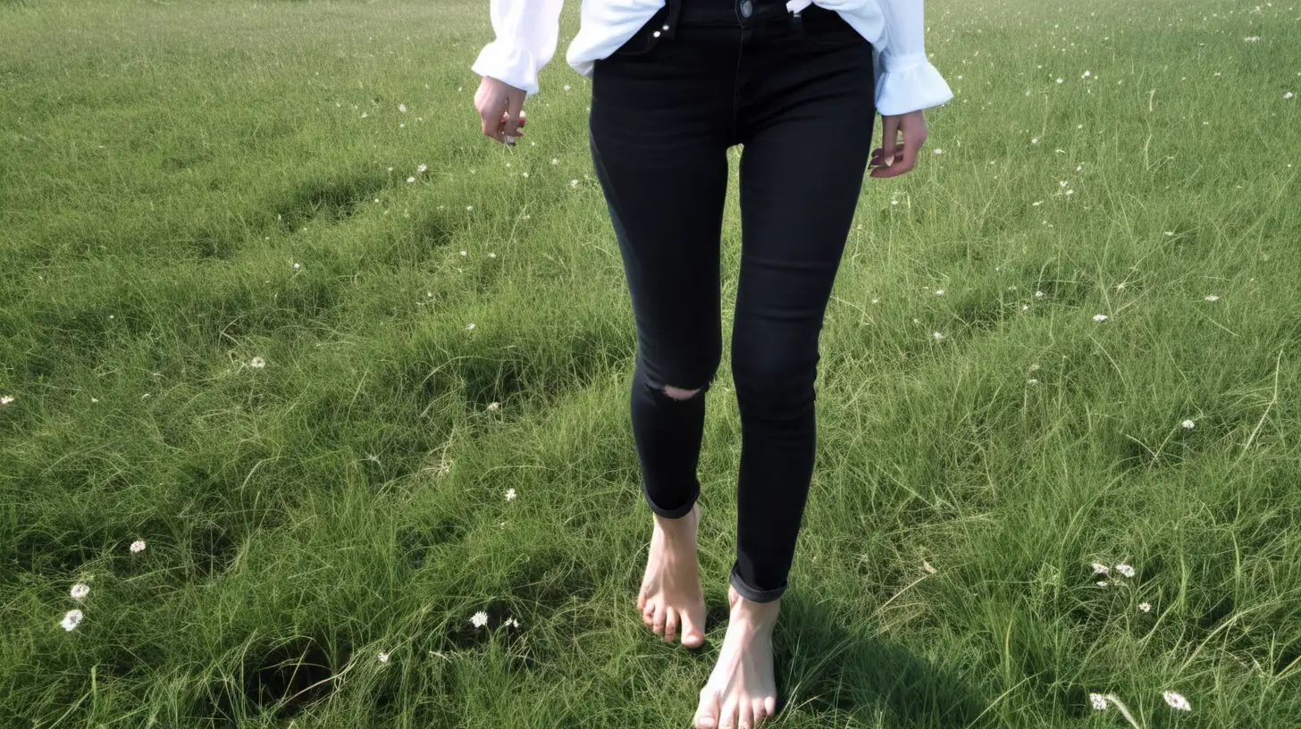 eine frau 30 jahre spaziert über eine wiese, sie trägt eine enge schwarze jeans, sie trägt ein weißes langärmiges oberteil, sie ist barfuß, das bild ist untersichtig
