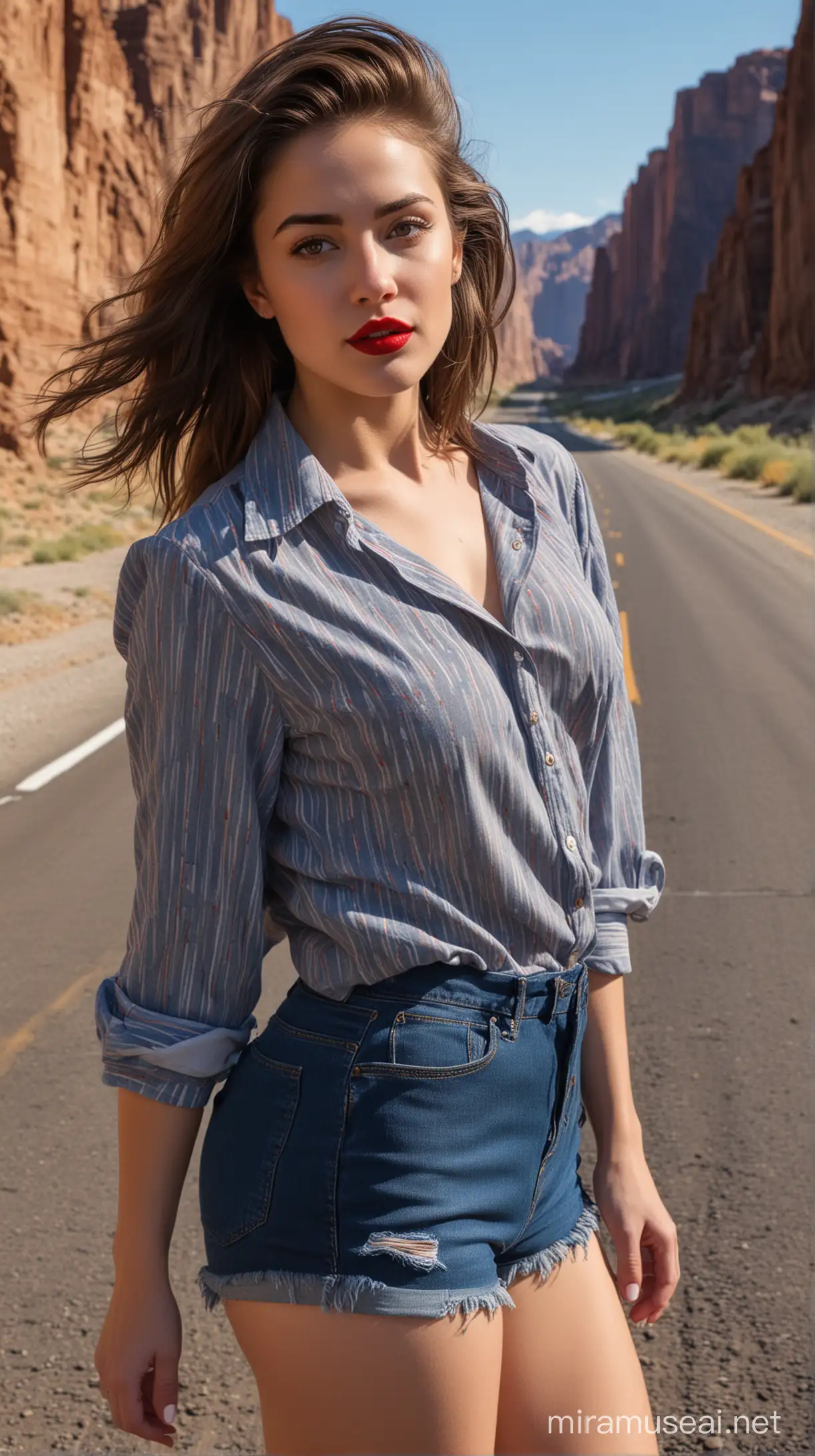 4k Ai art front view beautiful USA girl stylish hair red lipstick ear tops brown mini shorts and black blue line shirt in James Dalton Highway