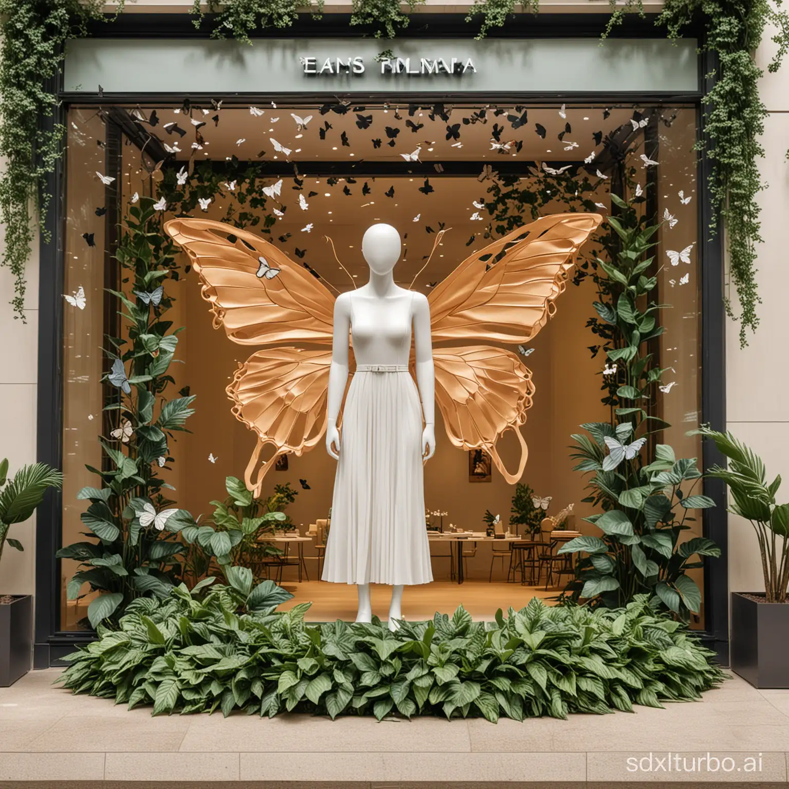 一个商场女装店铺的橱窗，中间有巨大蝴蝶造型和叶片环绕在模特周围，造型简约