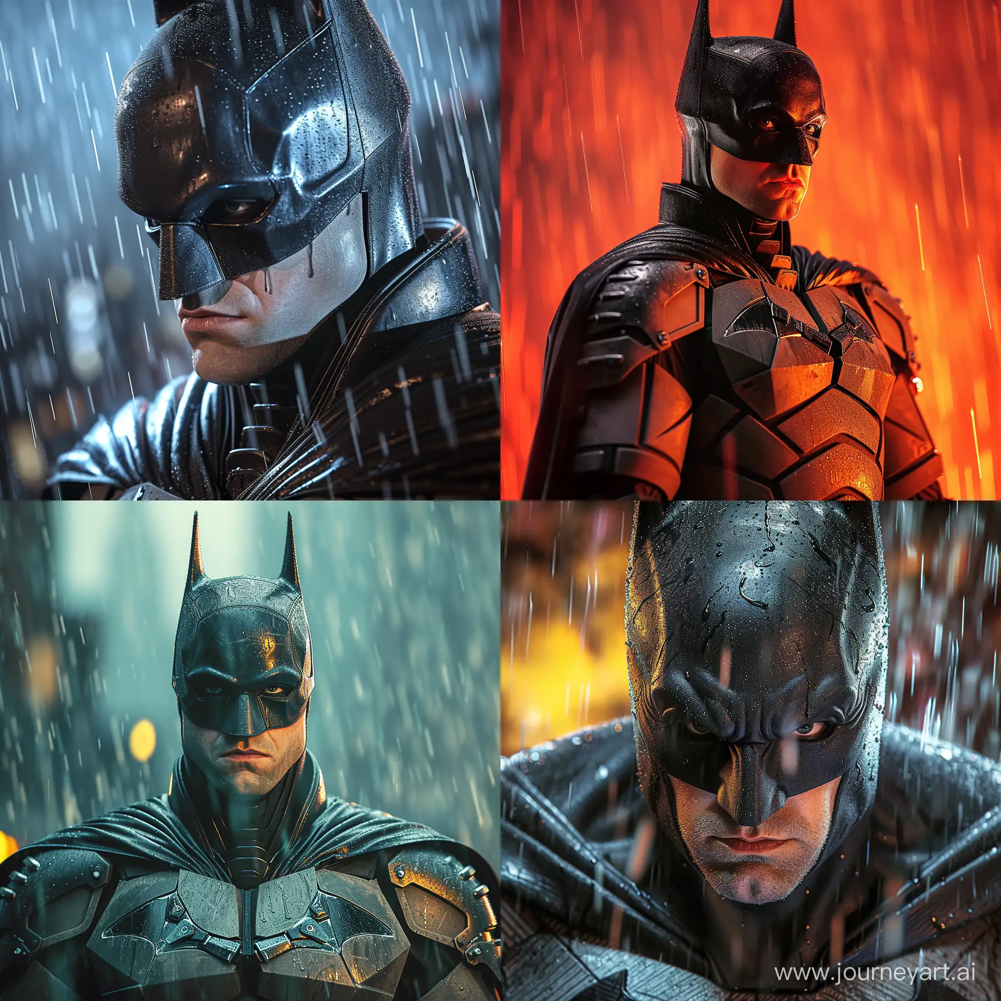 A close up depth of field, dynamic, realistic image of the batman from 2022 movie in the rain 