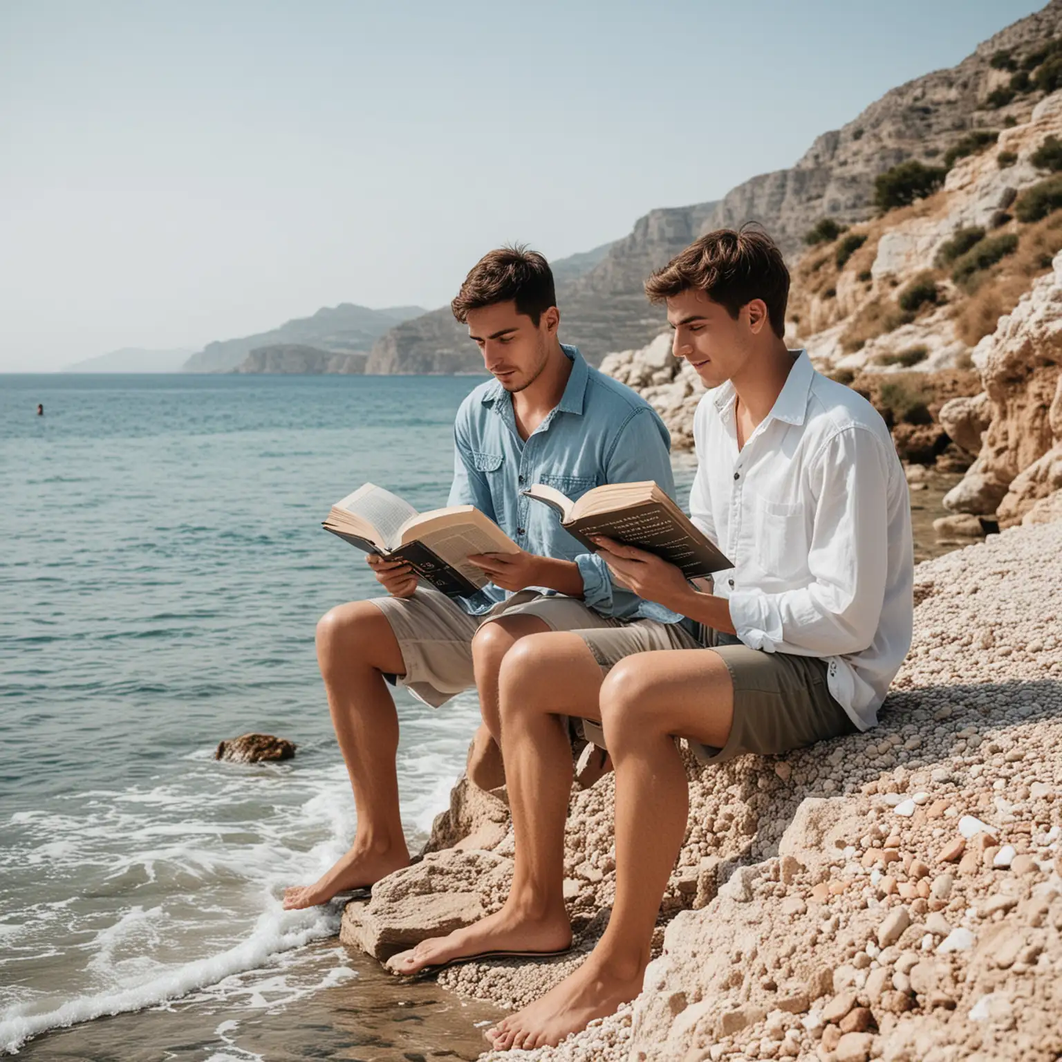 2 junge Männer in griechenland am Meer bücher lesend