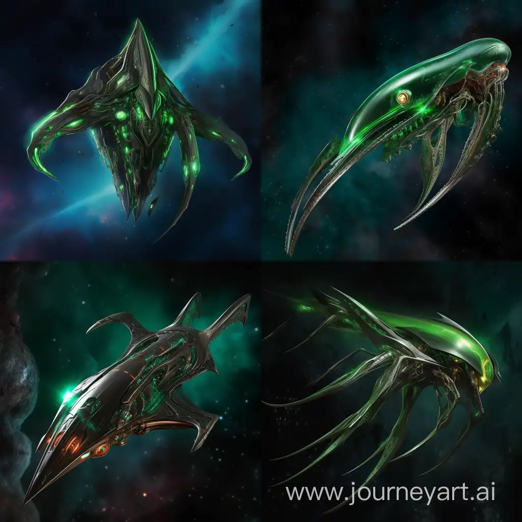 Green metallic squid in space with a lot of tentacles dark realistic