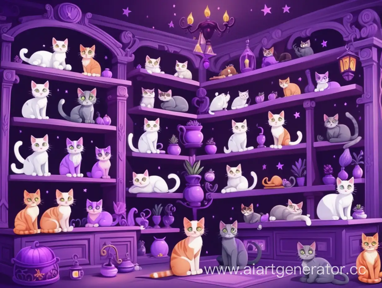 Магазин живых животных ( кошек) для ведьм в фиолетовых цветах. мультяшный
