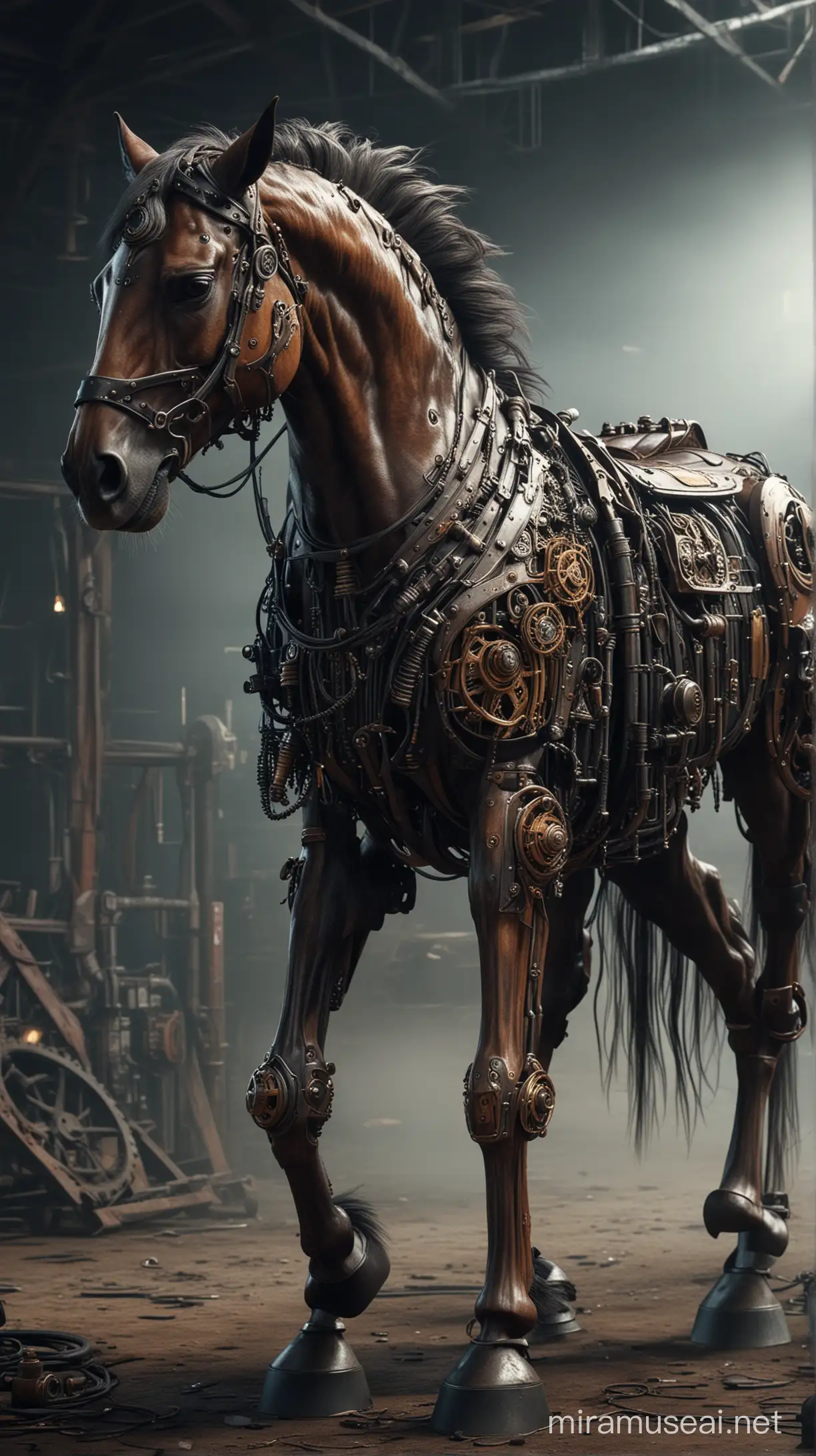 Dark Steampunk Horse Mechanical Equine in Cinematic HDR