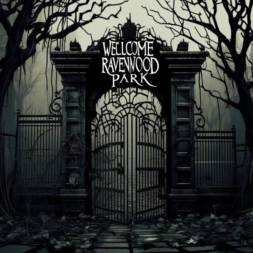 Point and Click horror game,In the pixel art depiction of the entrance gate to the cursed theme park, stark contrasts of black and white create an eerie atmosphere. The gate itself is wrought iron, twisted and rusted from years of neglect. Vines snake their way up the bars, adding to the sense of abandonment.

At the forefront of the scene is a small ticket booth, its windows broken and covered in cobwebs. A dim light flickers within, hinting at a mysterious presence. A sign above the booth reads "Welcome to Ravenwood Park," the letters faded and barely legible.

As the player clicks around, they may discover a glint of metal on the ground near the ticket booth. Upon closer inspection, it's revealed to be the key to the booth, offering access to the interior. Nearby, a torn and weathered map of the theme park lies discarded on the ground, providing a hint of what's to come.

The sound of distant whispers fills the air, adding to the player's unease as they hover their cursor over various objects. Perhaps they'll find clues to the park's dark history scattered amidst the overgrown foliage or hidden within the shadows cast by the gate.

Overall, the entrance gate serves as a foreboding introduction to the horrors that await within Ravenwood Park, setting the tone for the player's journey into the unknown.