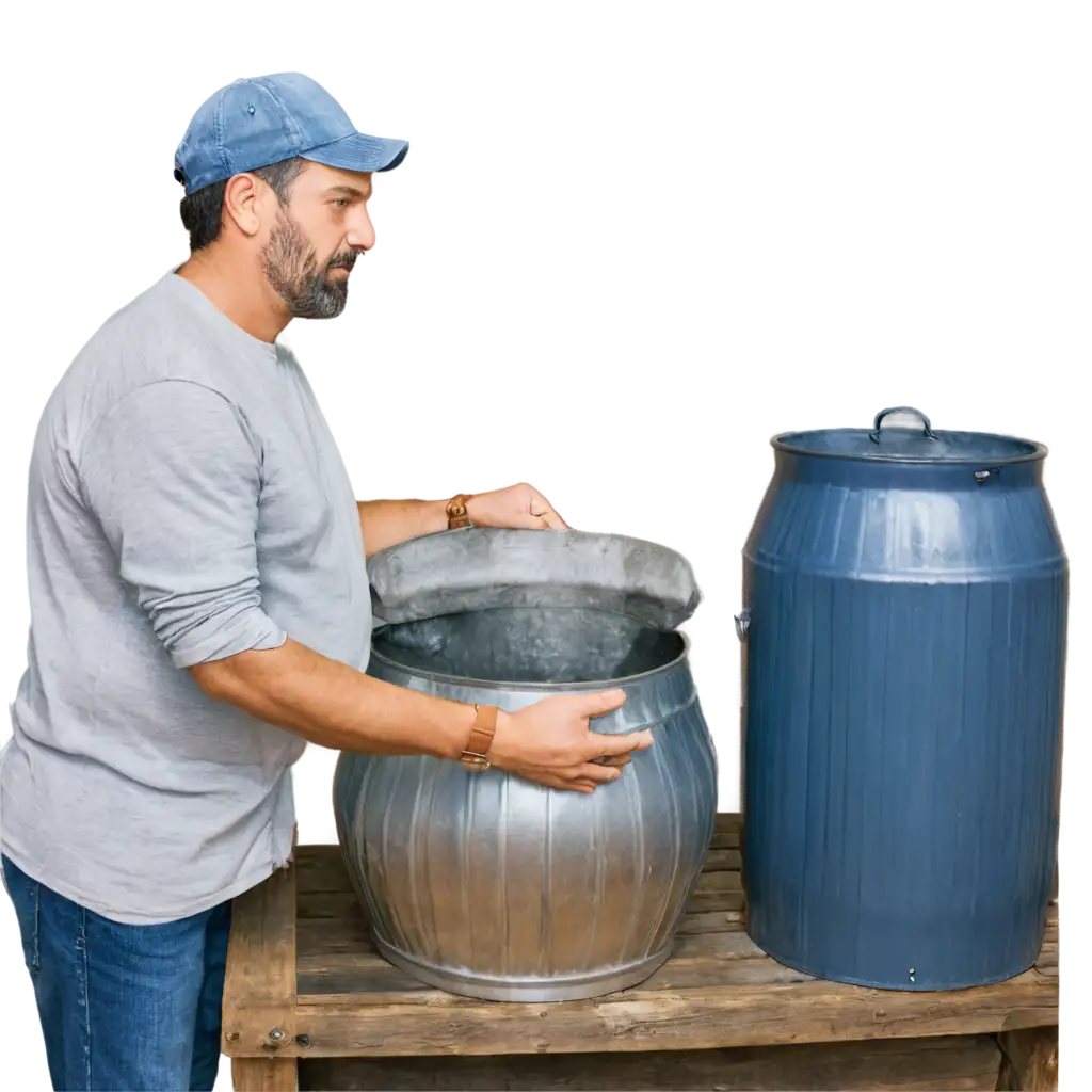 
one fat moonshiner without a beard, make this moonshiner without a beard, makes moonshine on a large electric moonshine still, there are large blue barrels nearby