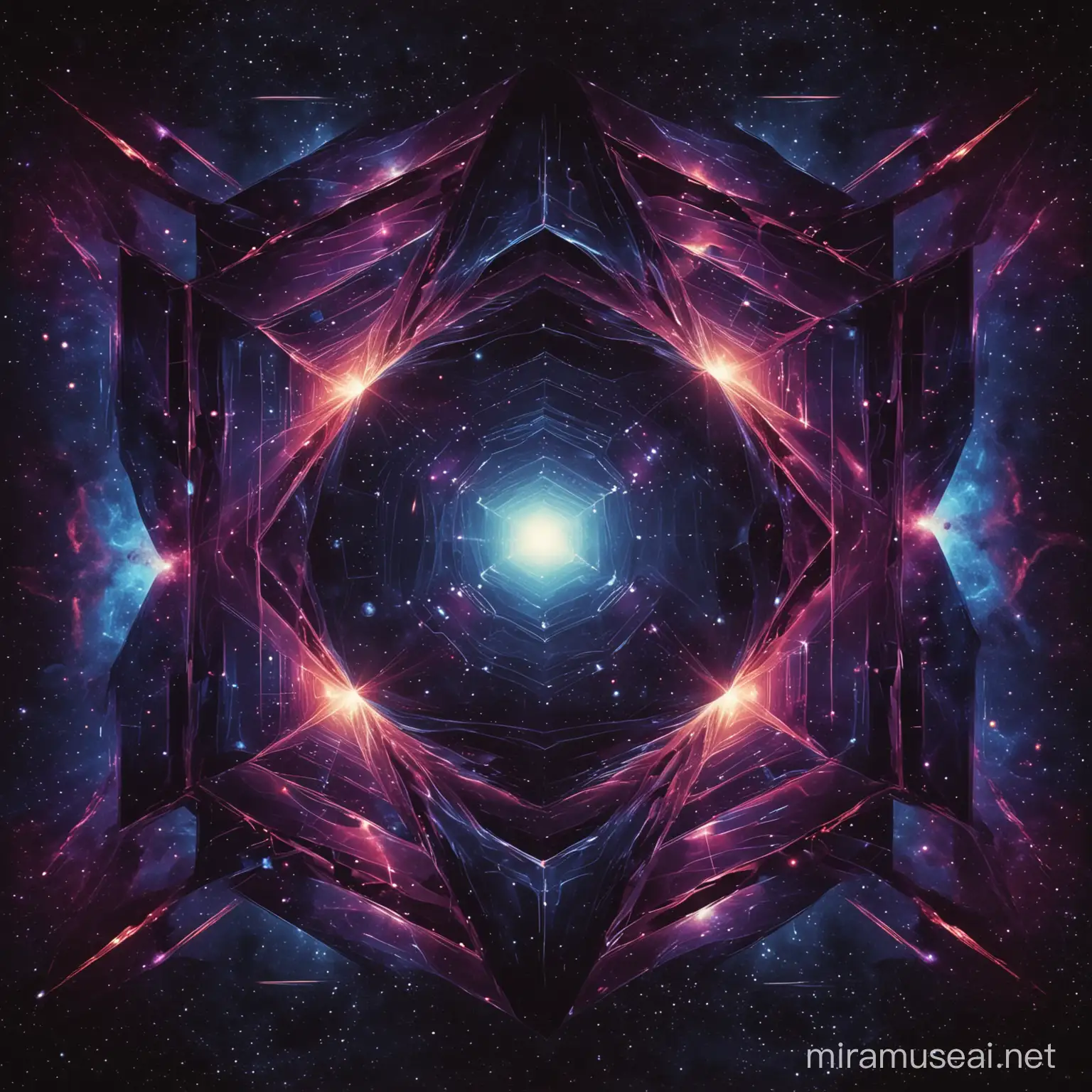 background space with geometric shapes reflecting the image like a mirror in an intergalactic war aliens come to earth psychedelic mood with dark energy in dark colors