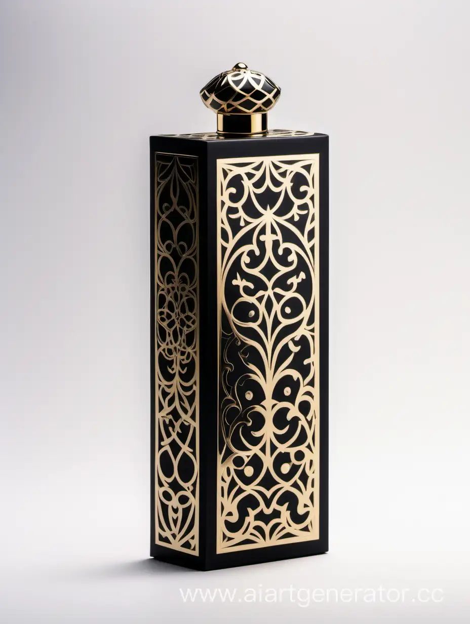 Elegant-Vertical-Black-Perfume-Box-with-Intricate-Arabesque-Pattern