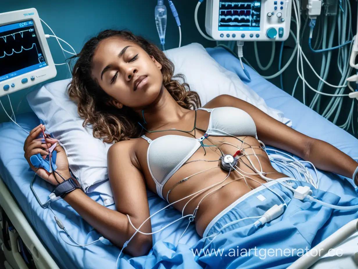 Young Adult woman lying in a medical bed. She is wearing a bra. She has a urinary catheter inserted into her bladder. EKG electrodes are connected to her chest to monitor her heart. She is connected to many medical devices with wires and tubes, including an EKG and a urinary catheter. The catheter is important, it is connected to a drainage bag.