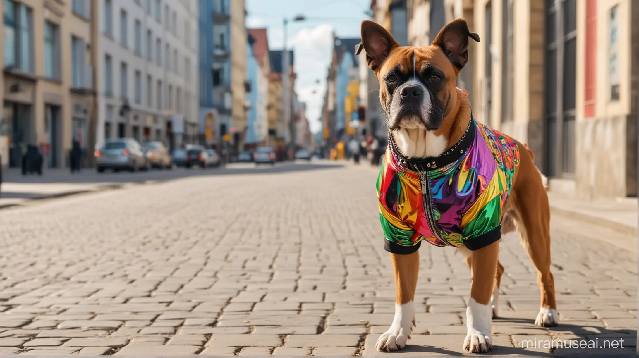 A fashionable german boxerdog walks through the metropolis, the german boxerdog is dressed in rapper clothes, bright colors, sunny street, detail