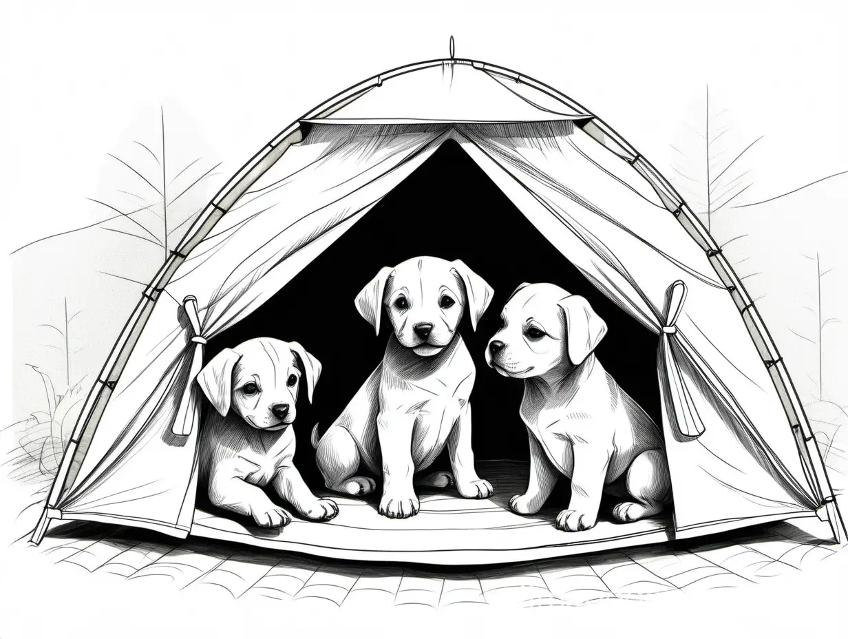 Linear drawing of 3 puppies chatting under a cozy tent