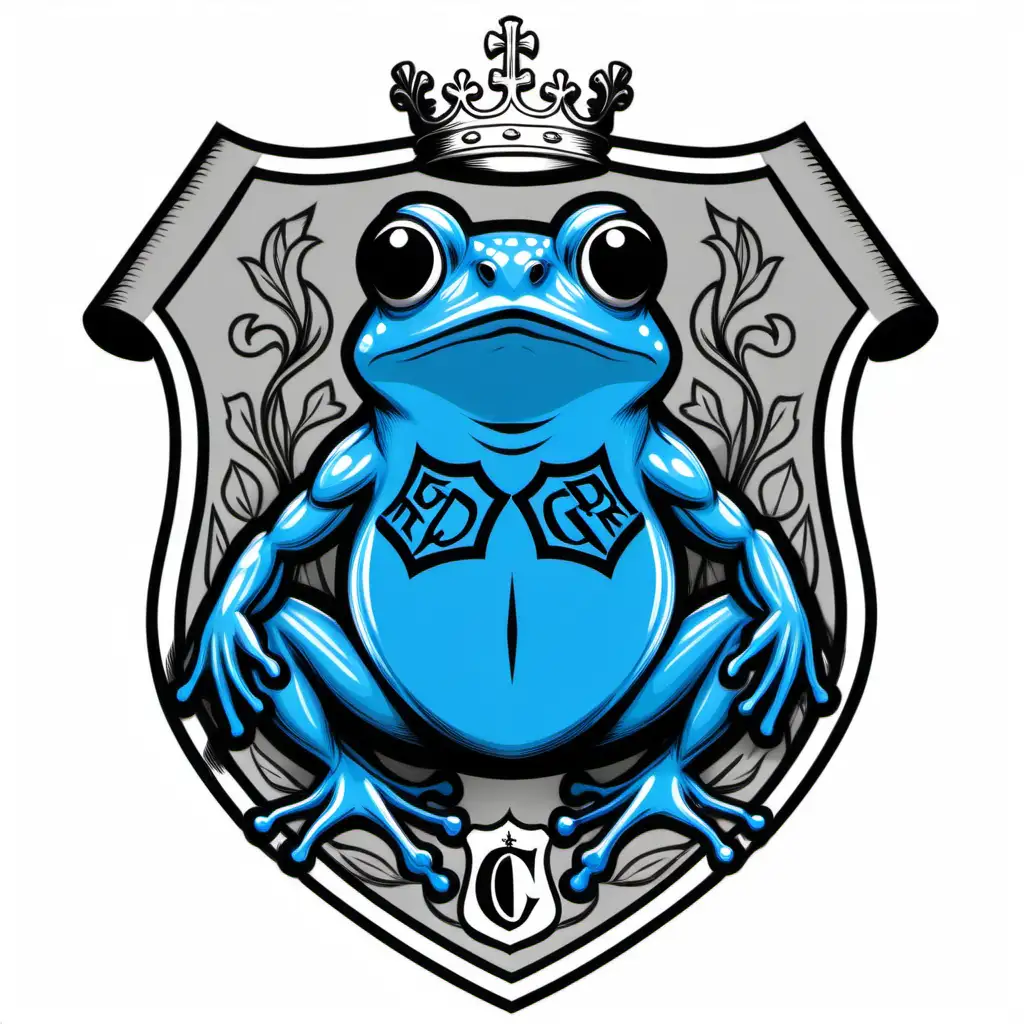 clipart, line drawing, Blue frog, coat of arms, shield, colors are blue, black, and grey, incorporate the word ODDCREST in the design
