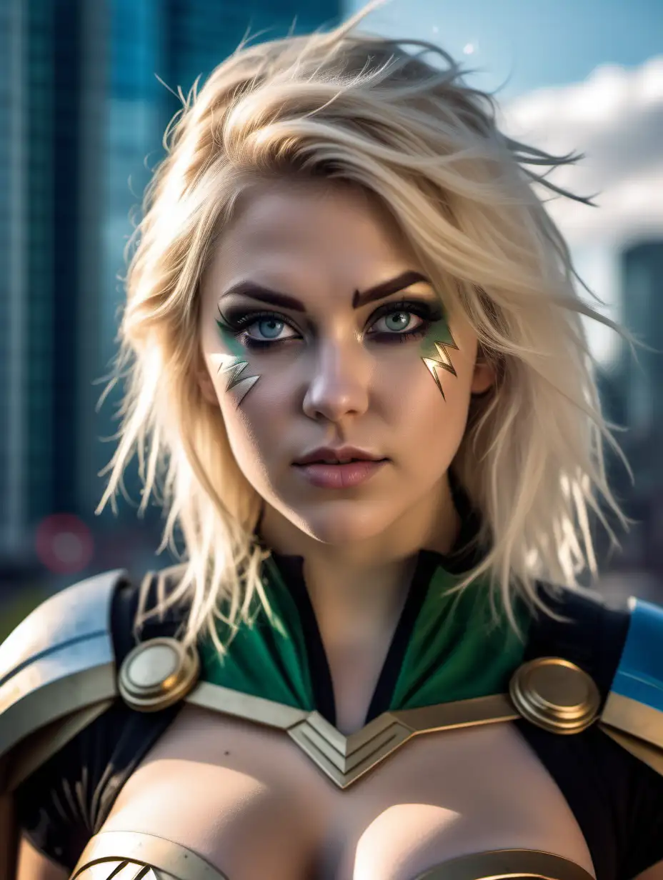 Beautiful Nordic woman, very attractive face, detailed eyes, big breasts, dark eye shadow, messy blonde hair, wearing a kryptonian cosplay costume, extremely close up, bokeh background, soft light on face, rim lighting, facing away from camera, looking back over her shoulder, standing in front of the city, photorealistic, very high detail, extra wide photo, full body photo, aerial photo