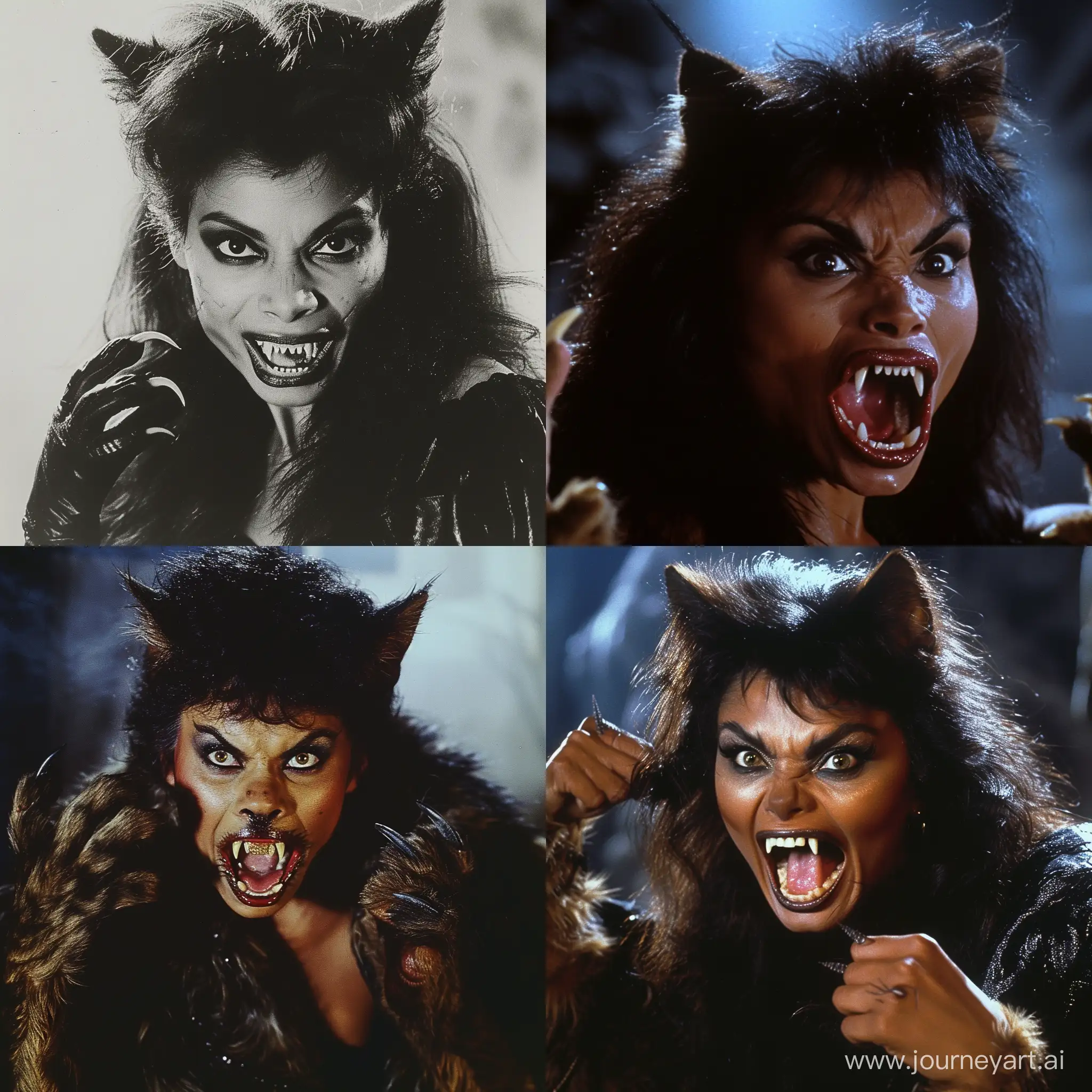 Paula Abdul in an 80s horror movie, turning into a werecat, fangs, cat-like features. --v 6 --ar 1:1 --no 32861