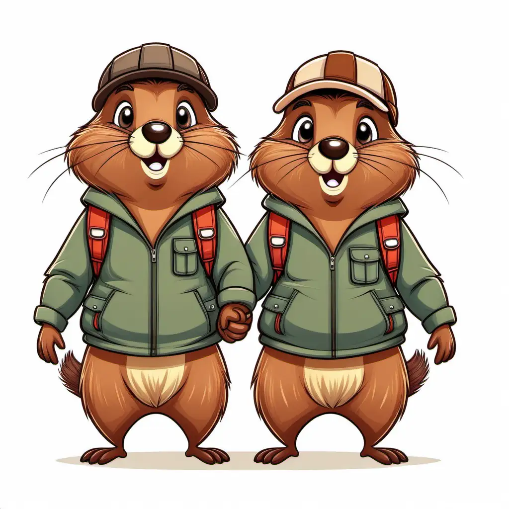 Two cute adult cartoon beavers with tails visible in Hanna Barbara style in hiking clothes facing forward, holding hands at waist level, on white background