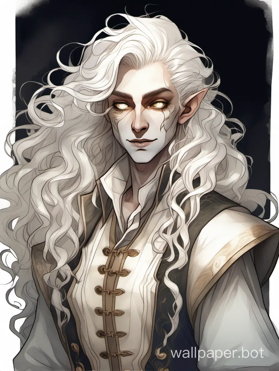 a D&D bard, dnd changeling, a changeling from dungeons and dragons, thin, slender, translucent ((pale white skin)), (wavy curly long white hair), ((glowing white eyes)), androgynous, flamboyant, nonbinary, pale body, lithe, pointed ears, almond shape eyes, charismatic, (bard adventurer clothes), epic, portrait, poster, humanoid, friendly, pretty, character bust, wearing clothes, entertainer, performer, clean, baggy sleeves,  waistcoat, straight slightly hooked nose, digital art, classic, watercolor, proportionate, anatomical, painting, shapeshifter, haunting face, white skin, all white grey inhuman, colorless skin