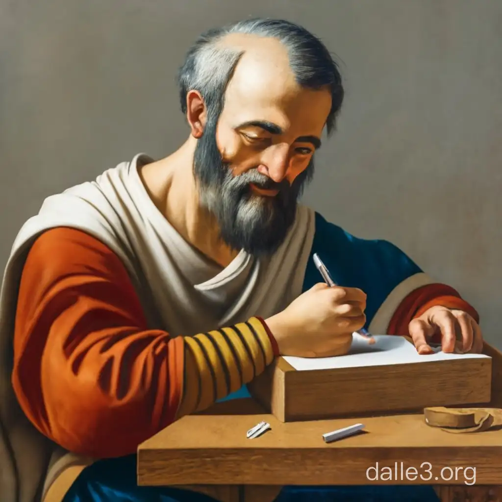 A 1st-century BCE greek man writing a letter at a table