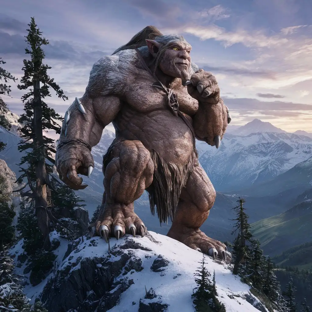 a large troll bigger than the trees and standing on top of a mountain looking at the view