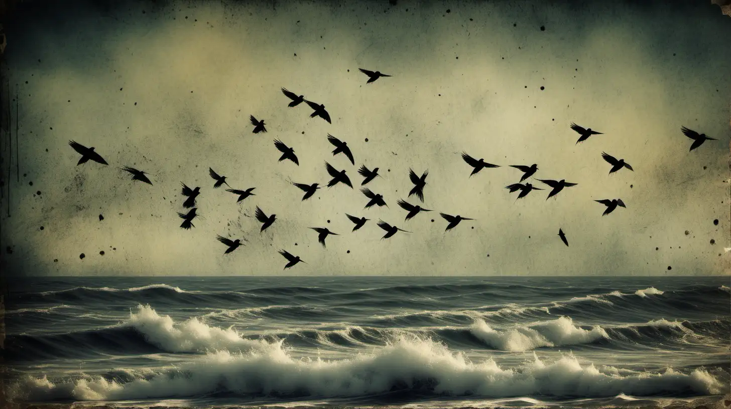 black birds in flight in distance grunge over the rough sea


