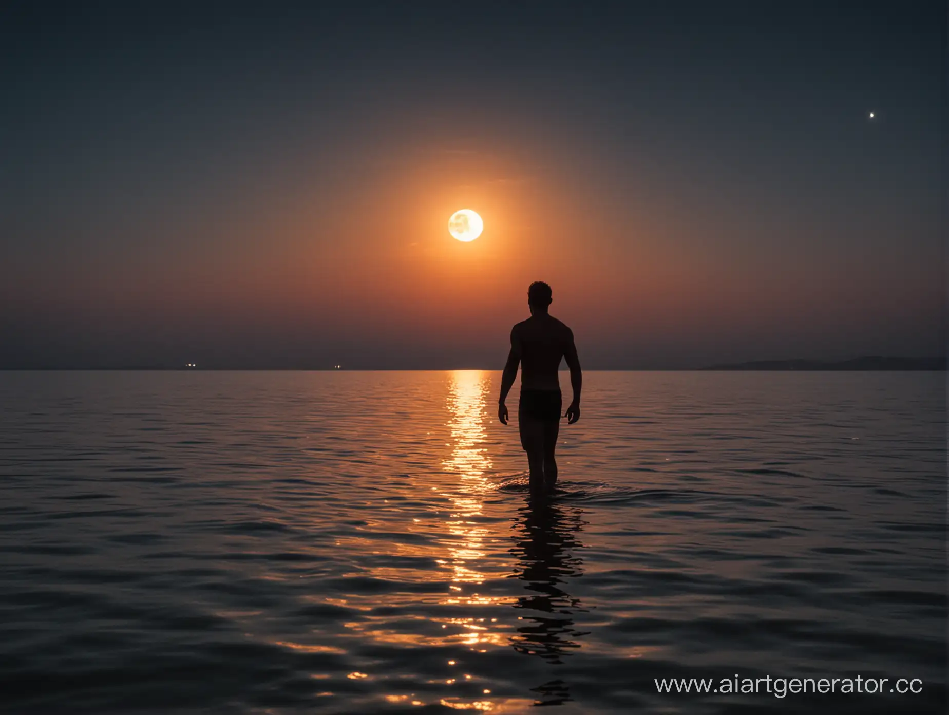 the night sea above the water, the moon and moonlight of a reddish yellow-orange reflection are reflected in the water, and in the moonlight in the water you can see the silhouette of a man standing waist-deep in the water