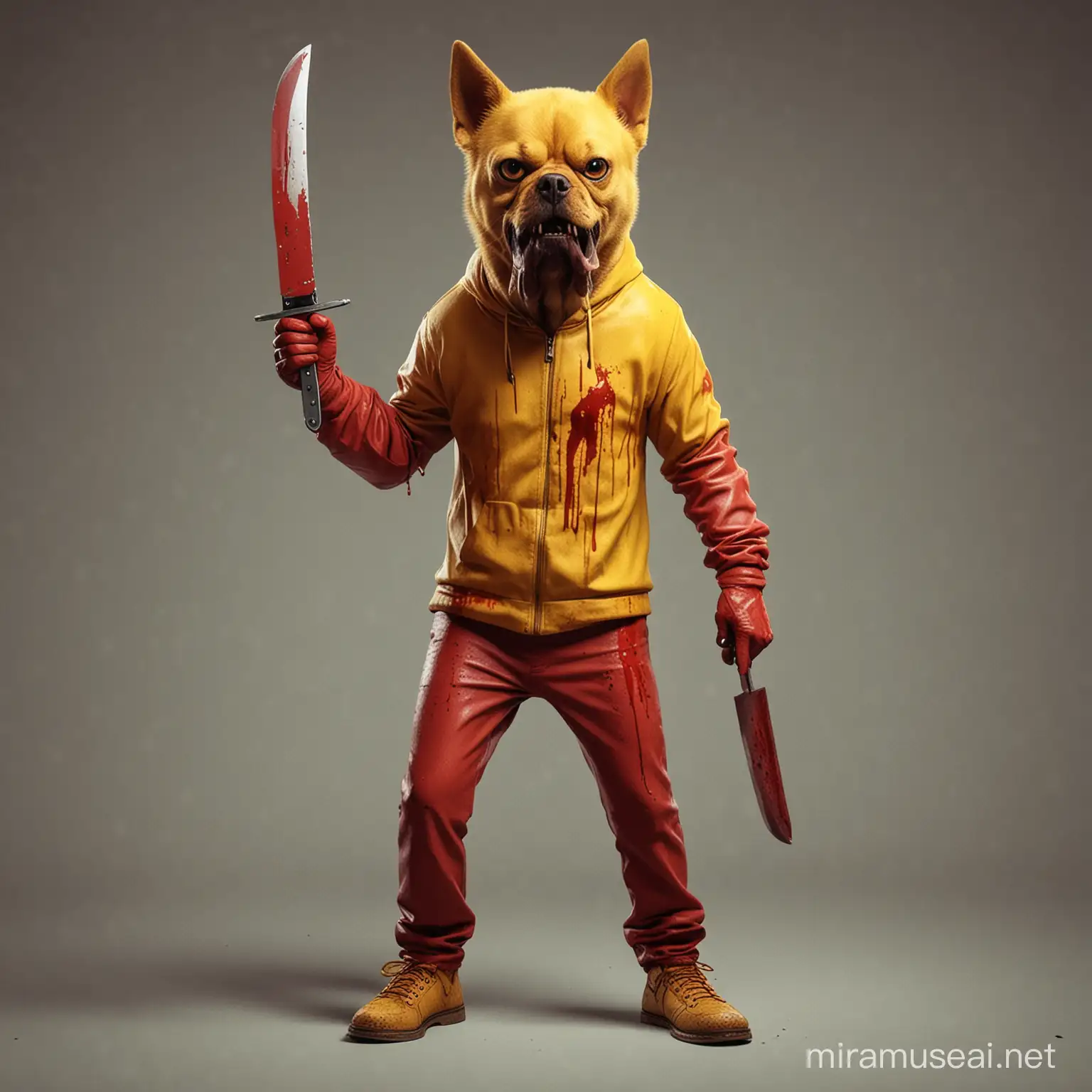 red horror chracter holding knife yellow teech like a dog 
