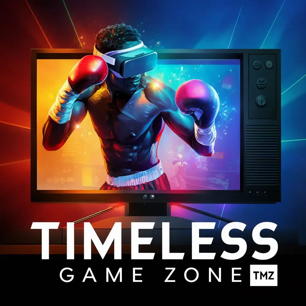 logo, Boxer fights with Virtual reality headset while emerging from TV screen. Colourful, realistic and vivid image, with the text "TIMELESS GAME ZONE, acronymn TMZ", typography, be used in Entertainment industry
