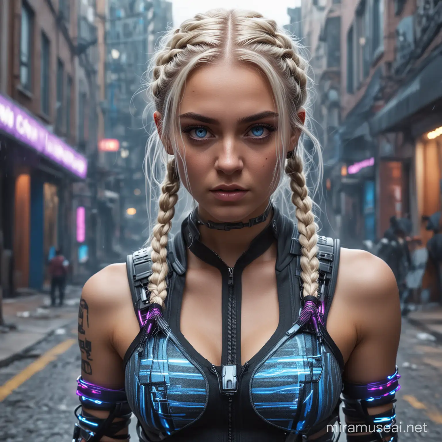 realistic young adult girl with blonde and purple striped hair in braids, glowing blue eyes, menacing look, electrodes running along her face, futuristic clothing, full body, sci fi street background