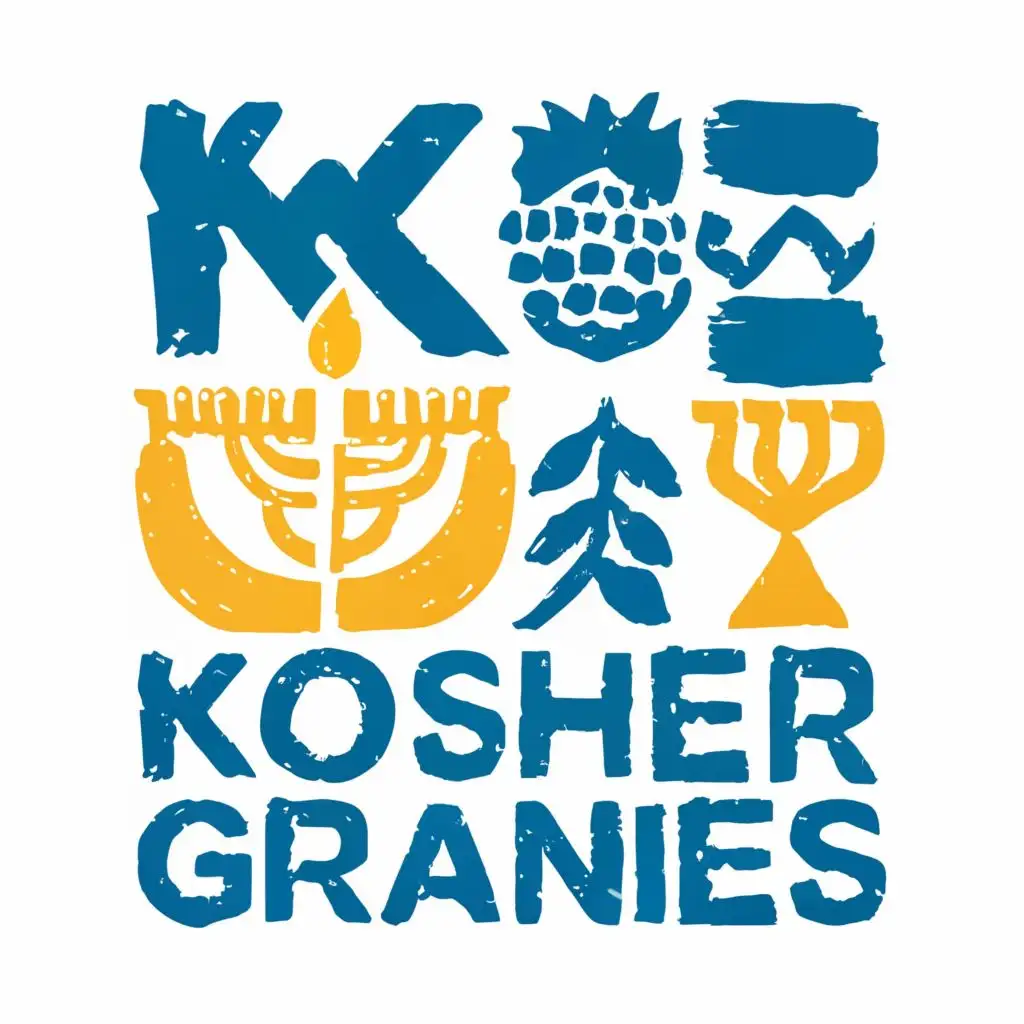 logo, Israel, yellow, blue, white, green Paul Klee, Menorah with 7 branches, pomegranate, with the text "Kosher Grannies", typography, be used in Automotive industry