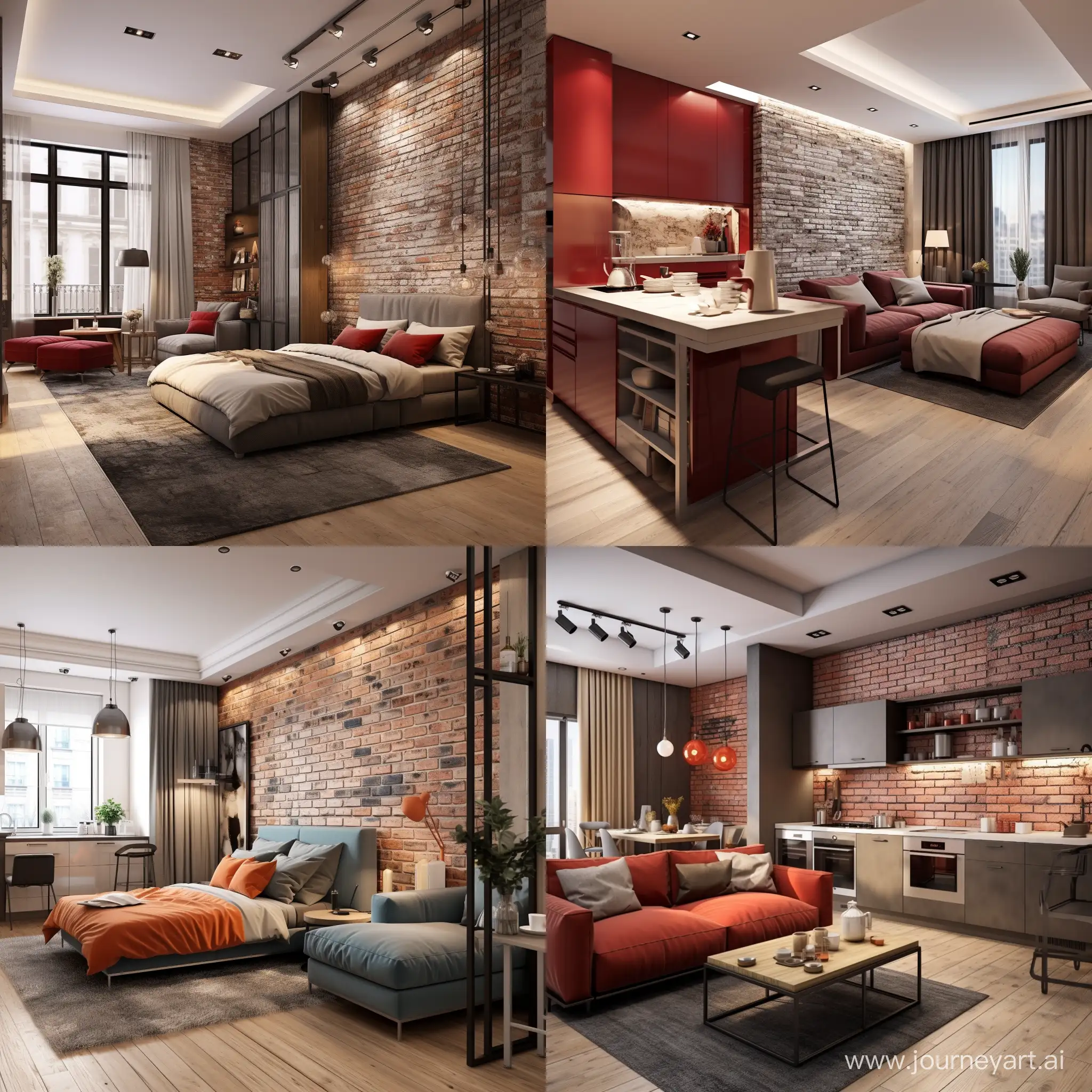 Дизайн квартиры студии с применением искусственного камня и отделкой стен имитацией красного кирпича размером 7×2.8 метра